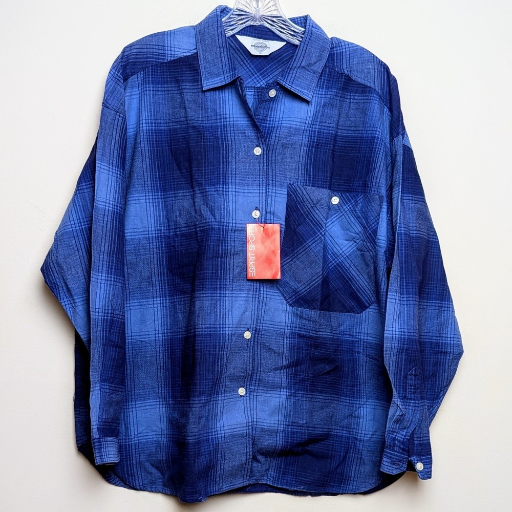 Esprit Sport Vintage Men's Button Up Blue Plaid Flannel Long Sleeve Shirt DS NWT